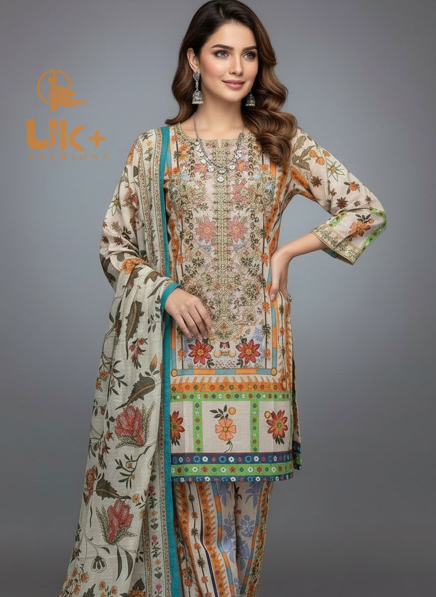 3Pc Embroidered Bona Dora Shirt, Plazo, Dupatta