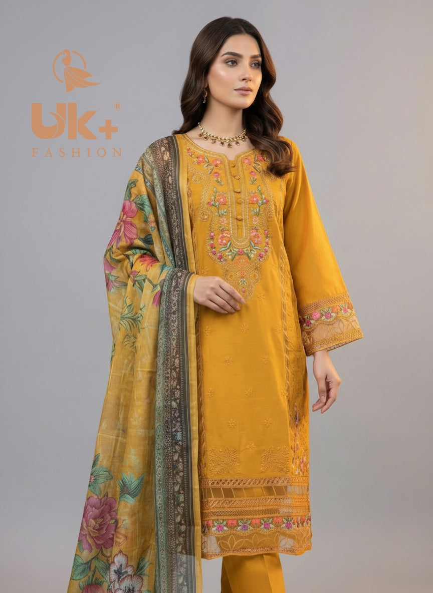 3Pc Embroidered Cotton Shirt, Trouser, Dupatta