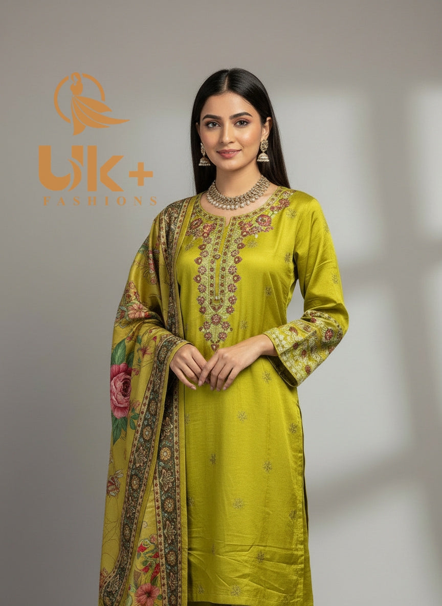 3Pc Embroidered Winter Khaadi Shirt, Plazo, Dupatta