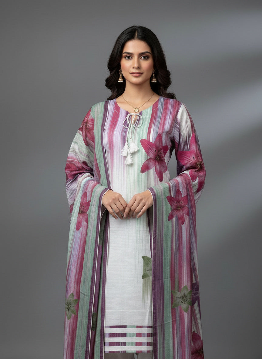 3Pc Printed Bona Dora Silk, Shirt Plazo Dupatta