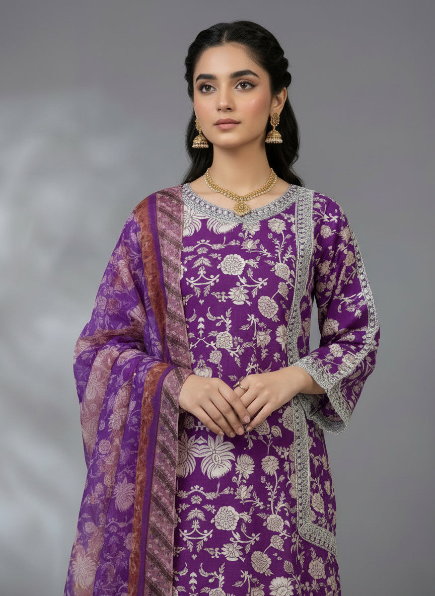 3Pc Embroidered & printed Bona Dora Shirt, Plazo, Dupatta