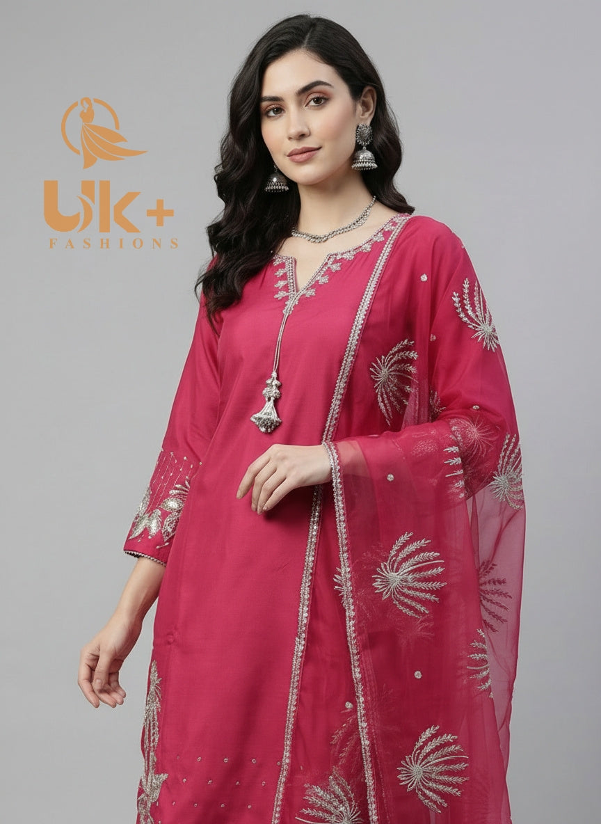 3Pc Kattan Silk Embroidered Shirt, Plazo, Dupatt