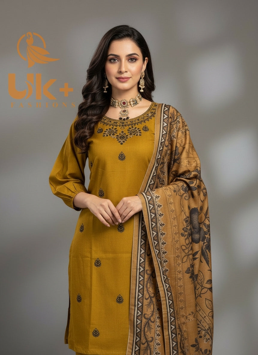 3Pc Embroidered Khaddar Samosa Plazo, Shirt Dupatta