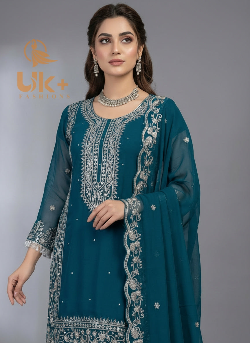 3Pc Embroidered Chiffon Shirt, Plazo, Dupatta