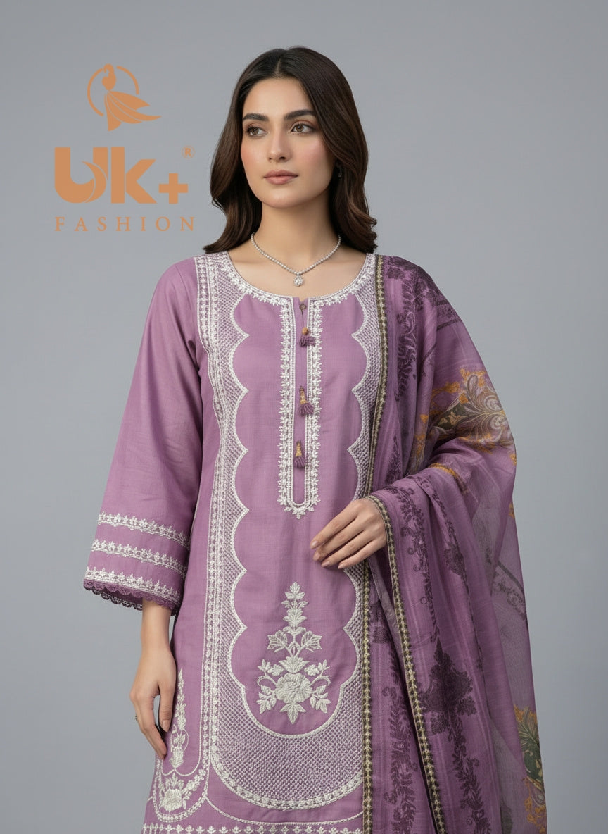 3Pc Embroidered Cotton Shirt, Plazo, Dupatta