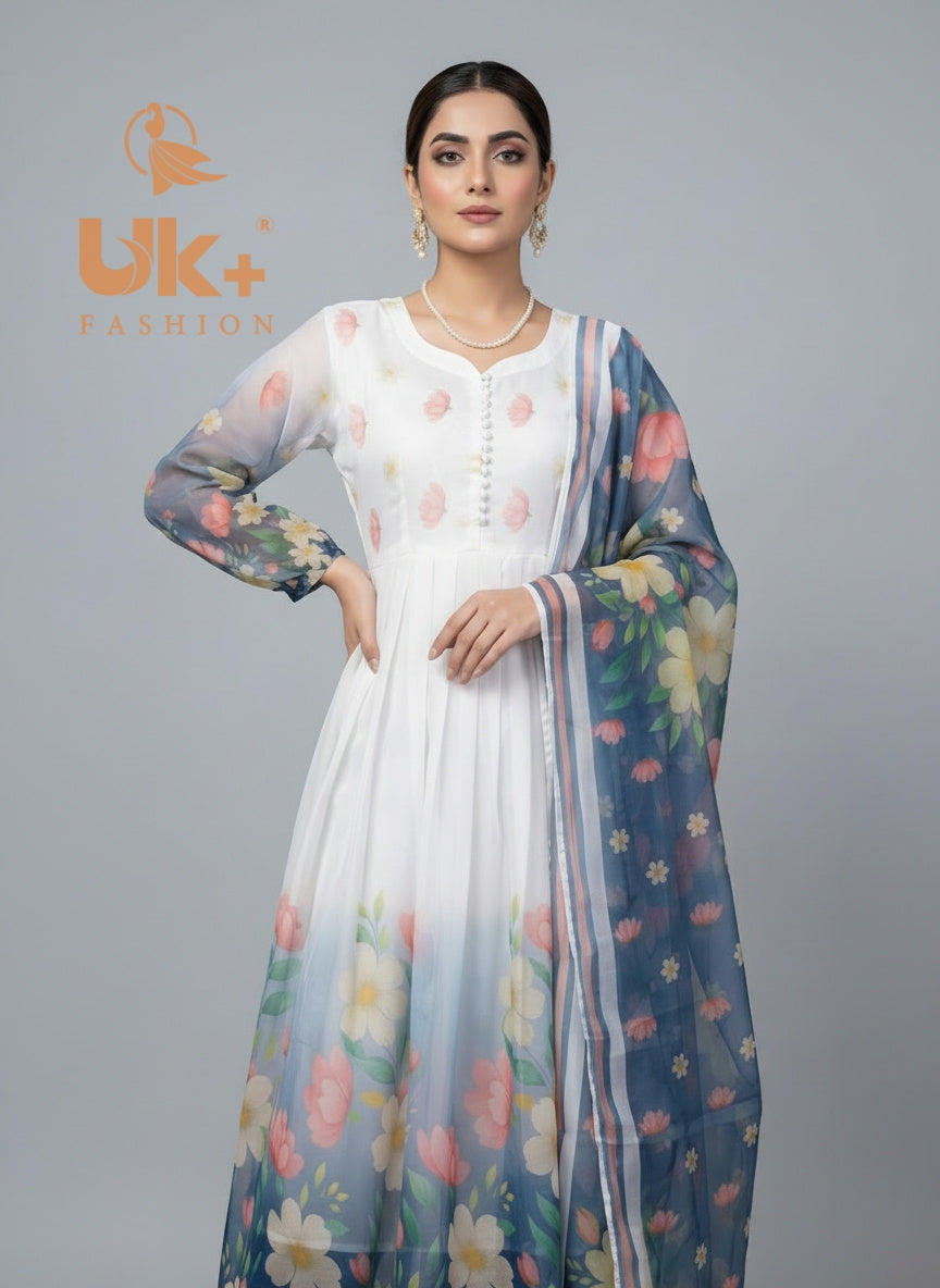 3Pc Printed Chiffon Maxi, Trouser, Dupatta