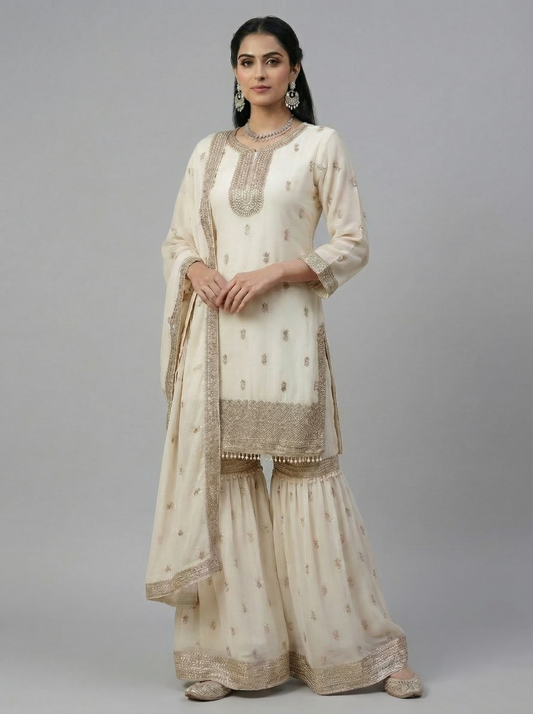 3Pc Embroided Chiffon Gharara, Shirt Shalwar Dupatta