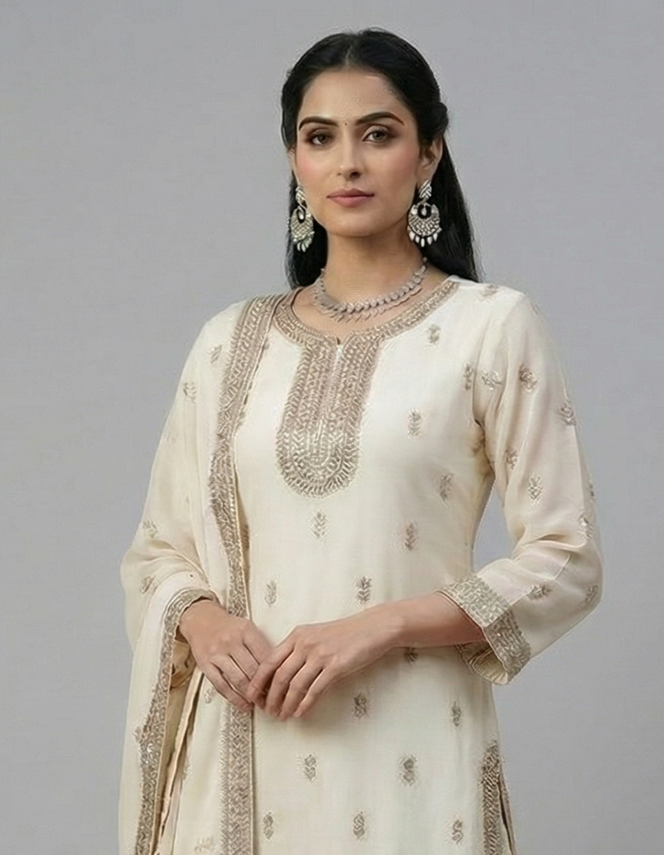 3Pc Embroided Chiffon Gharara, Shirt Shalwar Dupatta