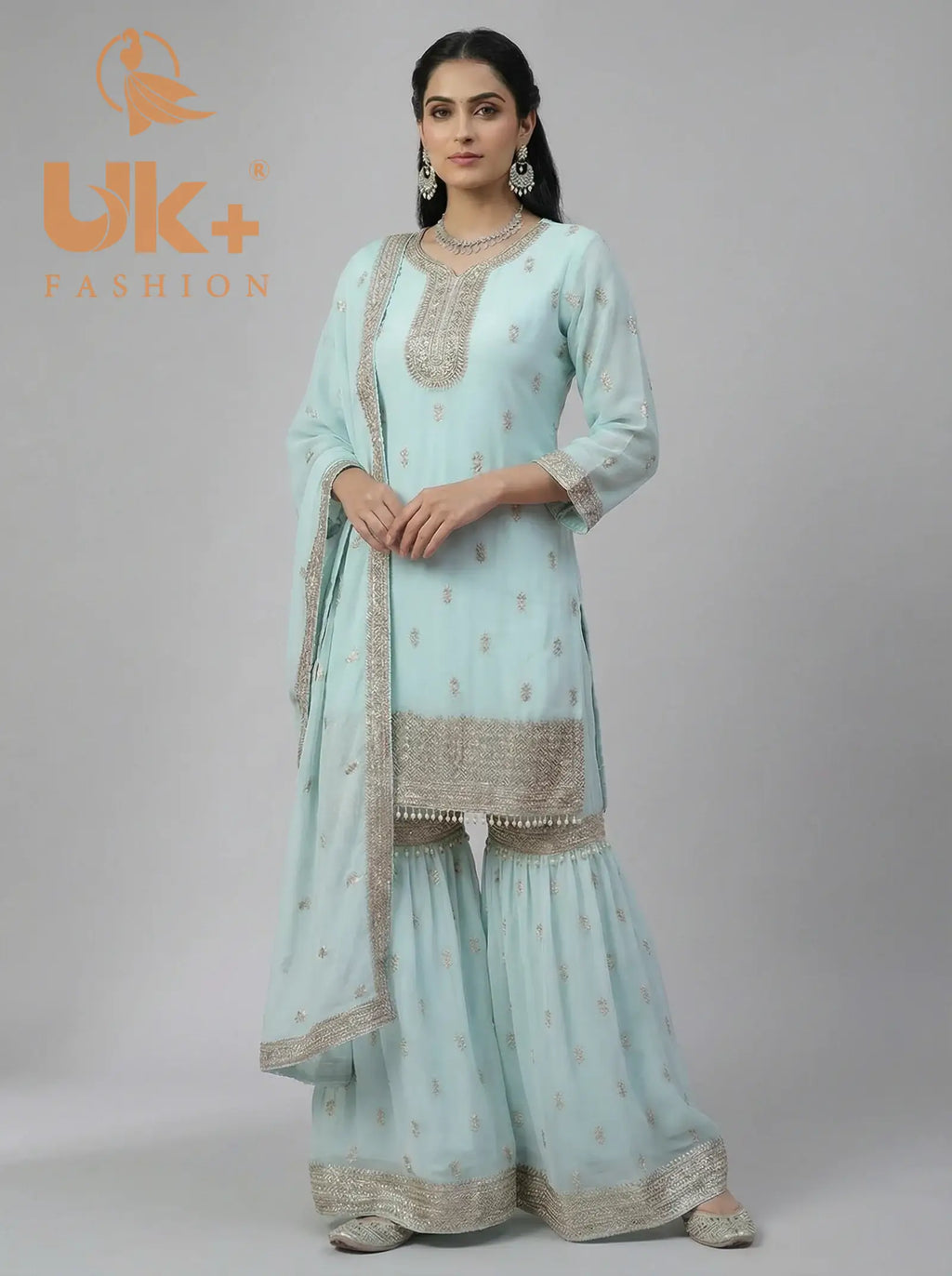 3Pc Embroided Chiffon Shirt, Gharara, Dupatta