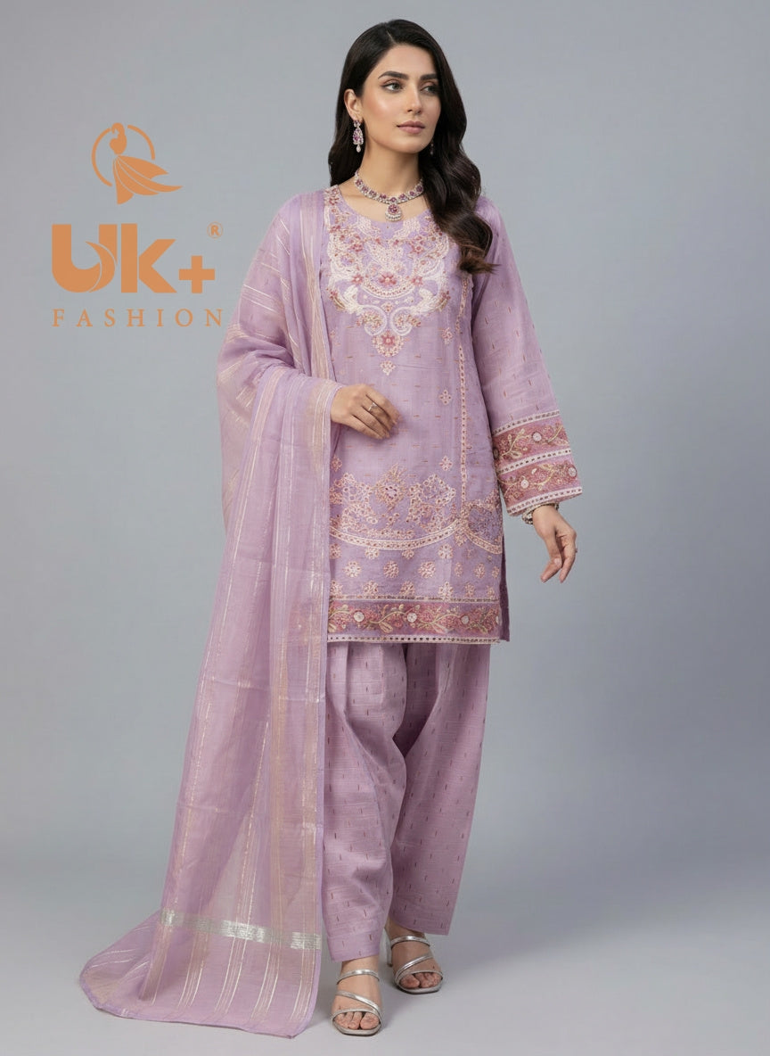 3Pc Embroidered Cotton Shirt, Farshi Shalwar, Dupatta