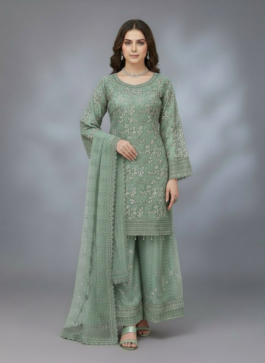 3Pc Embroidered Organza Plazo, Shirt, Plazo, Dupatta