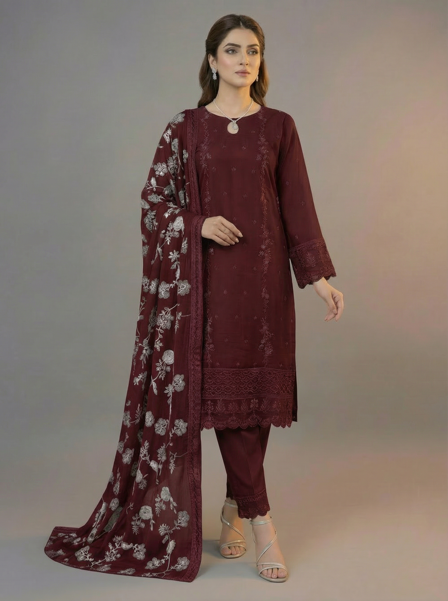 3Pc Embroidered Chiffon Shirt, Shalwar and Dupatta