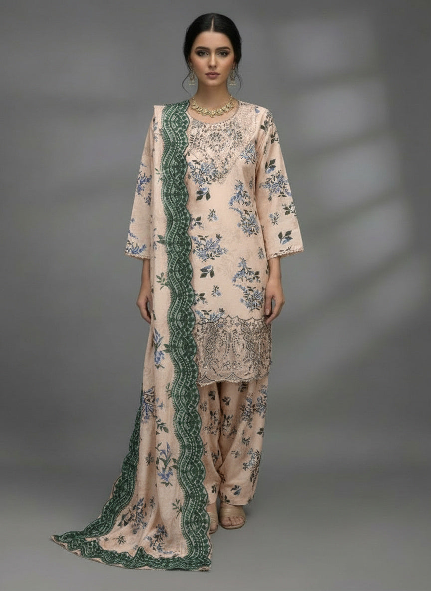 3Pc Embroided Bona Dora: Shirt, Farshi Shalwar, Dupatta