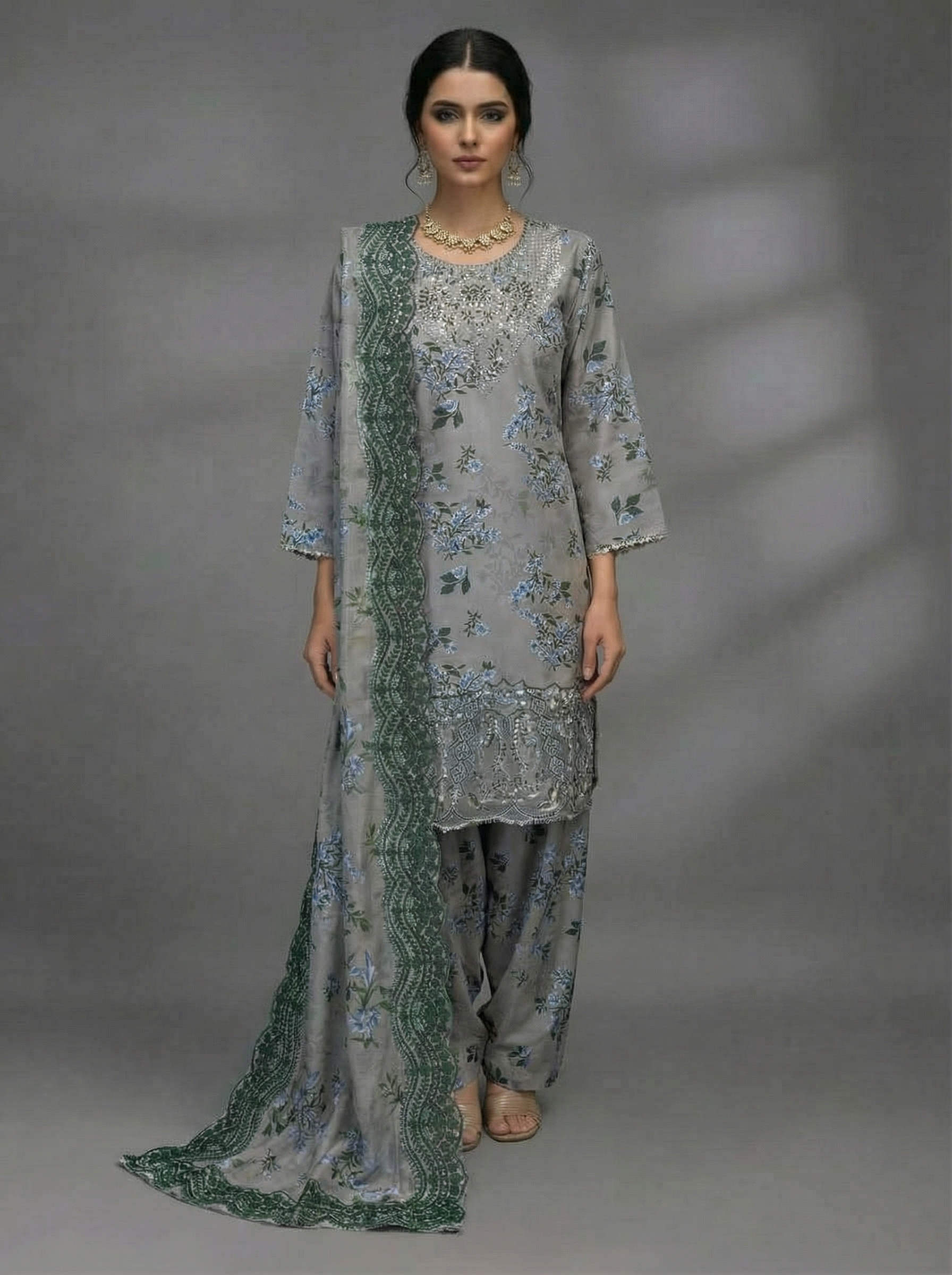 3Pc Embroided Bona Dora: Shirt, Farshi Shalwar, Dupatta