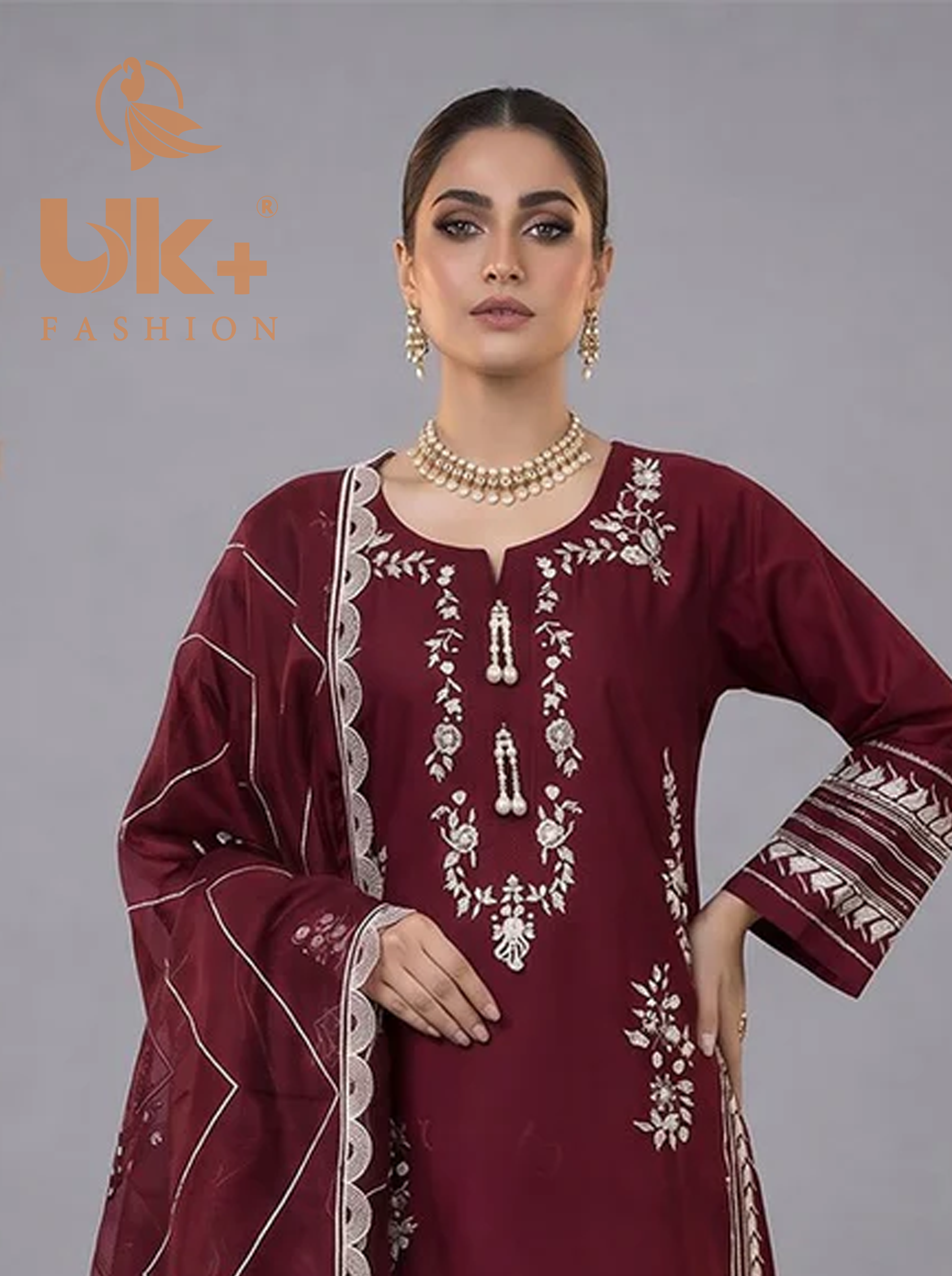 3pc Embroidered Pure lawn Shirt, Touser, Dupatta