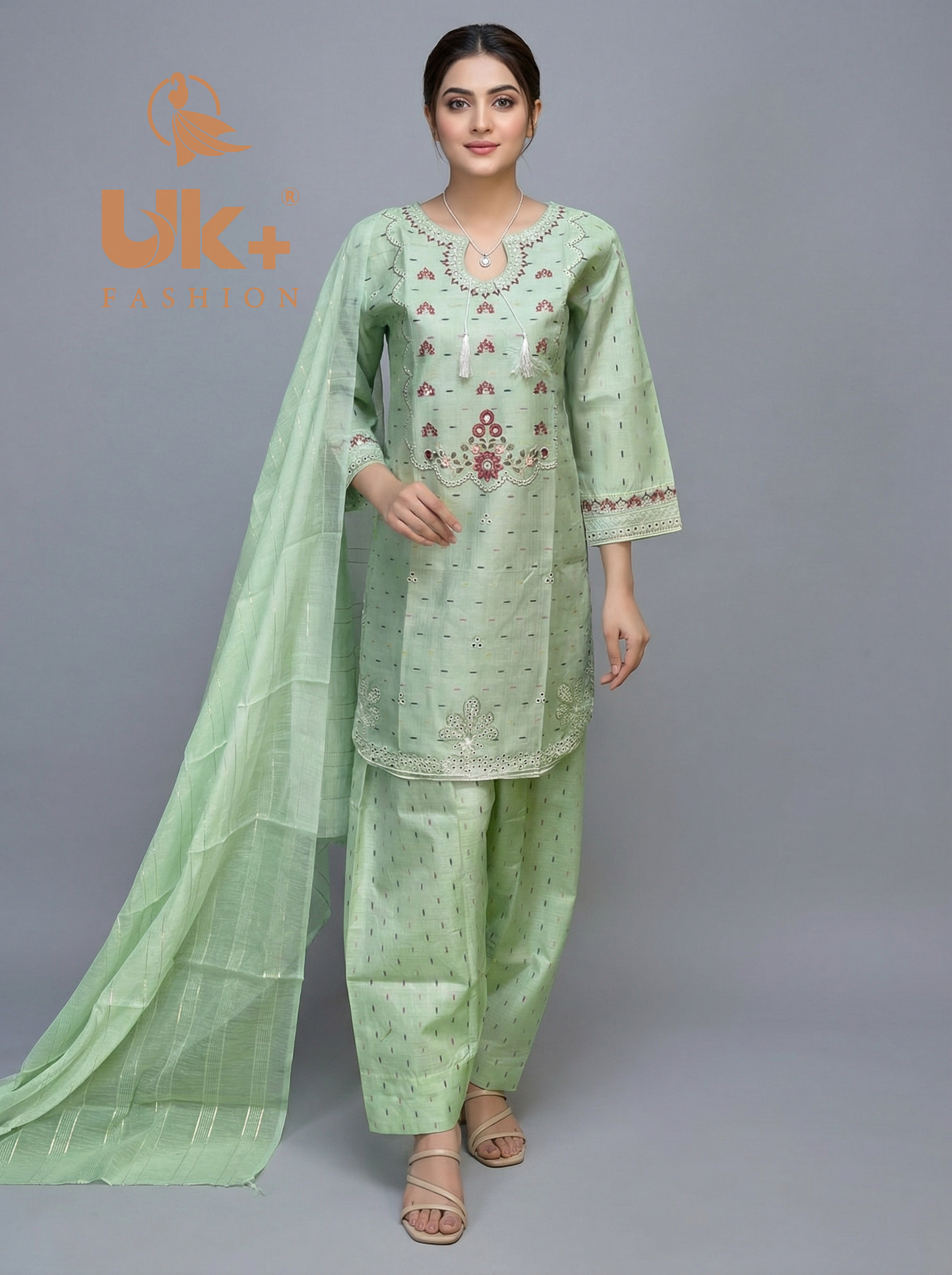 3Pc Embroidered Cotton Shirt, Farshi Shalwar, Dupatta
