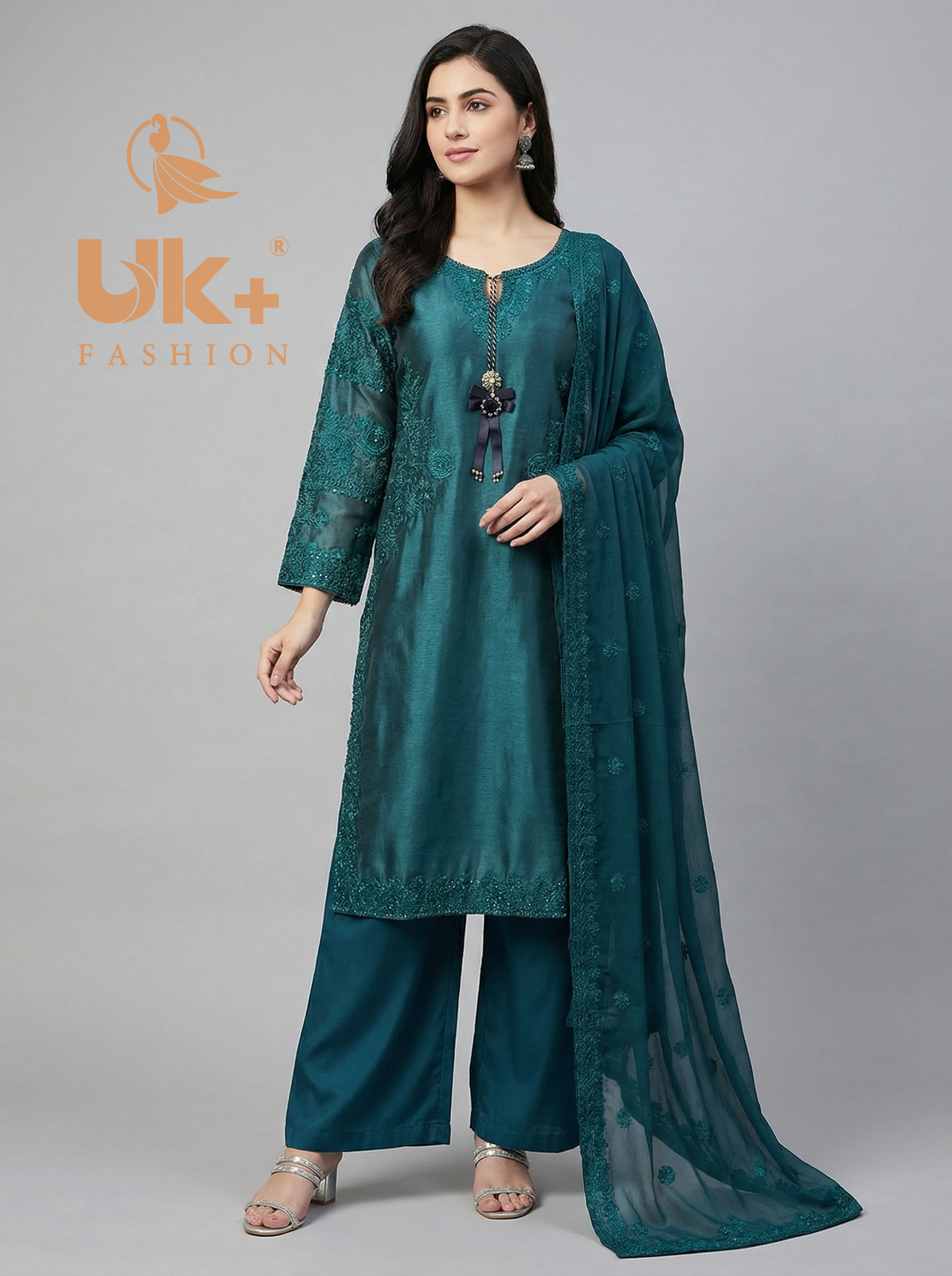 3Pc Embroidered Sheesha Silk Shirt, Plazo, Dupatta