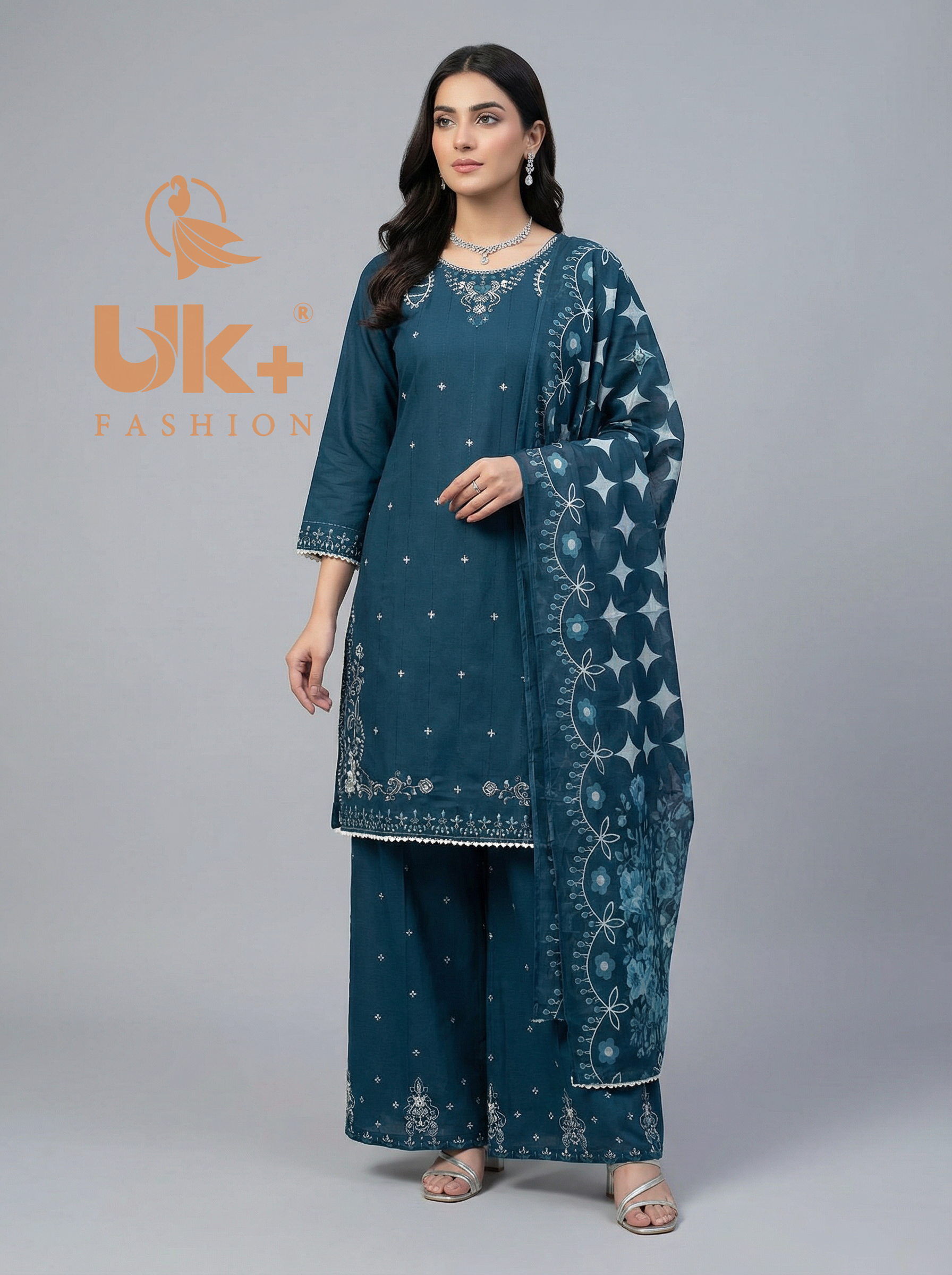 3Pc Embroidered Cotton Shirt, Plazo, Dupatta