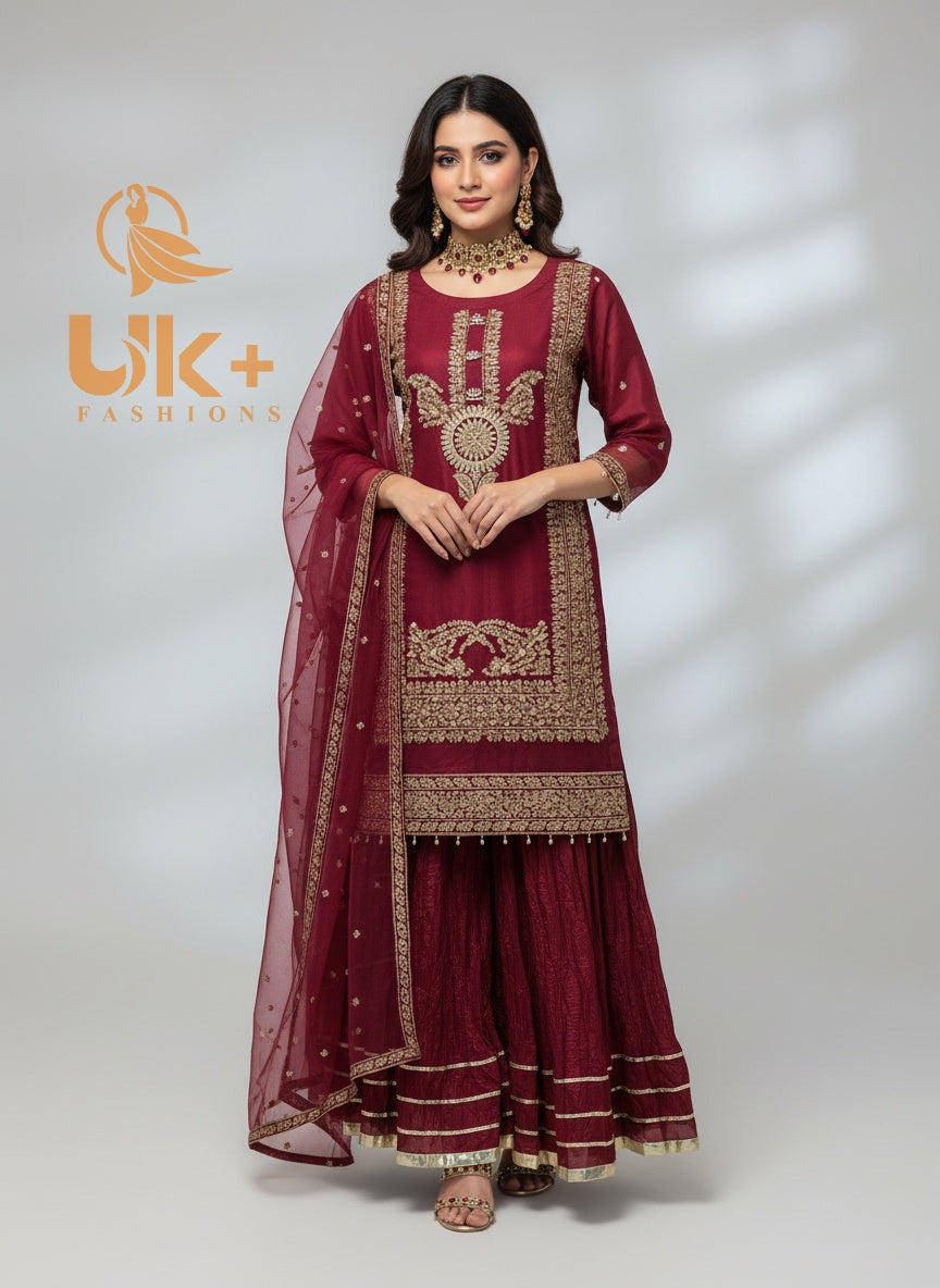 3Pc Embroidered Organza Crash Plazo, Shirt Dupatta