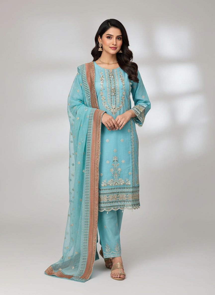 3Pc Embroidered Party Wear, SHirt, Trouser, Dupatta