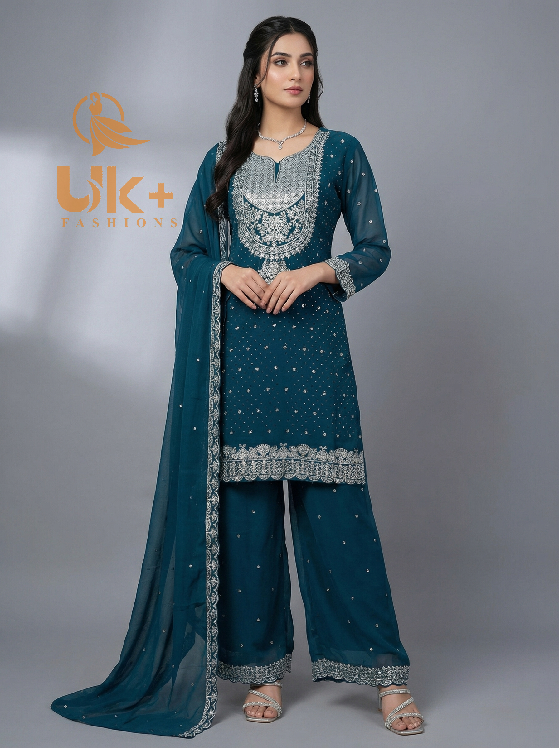 3Pc Embroidered Chiffon Shirt, Plazo, Dupatta