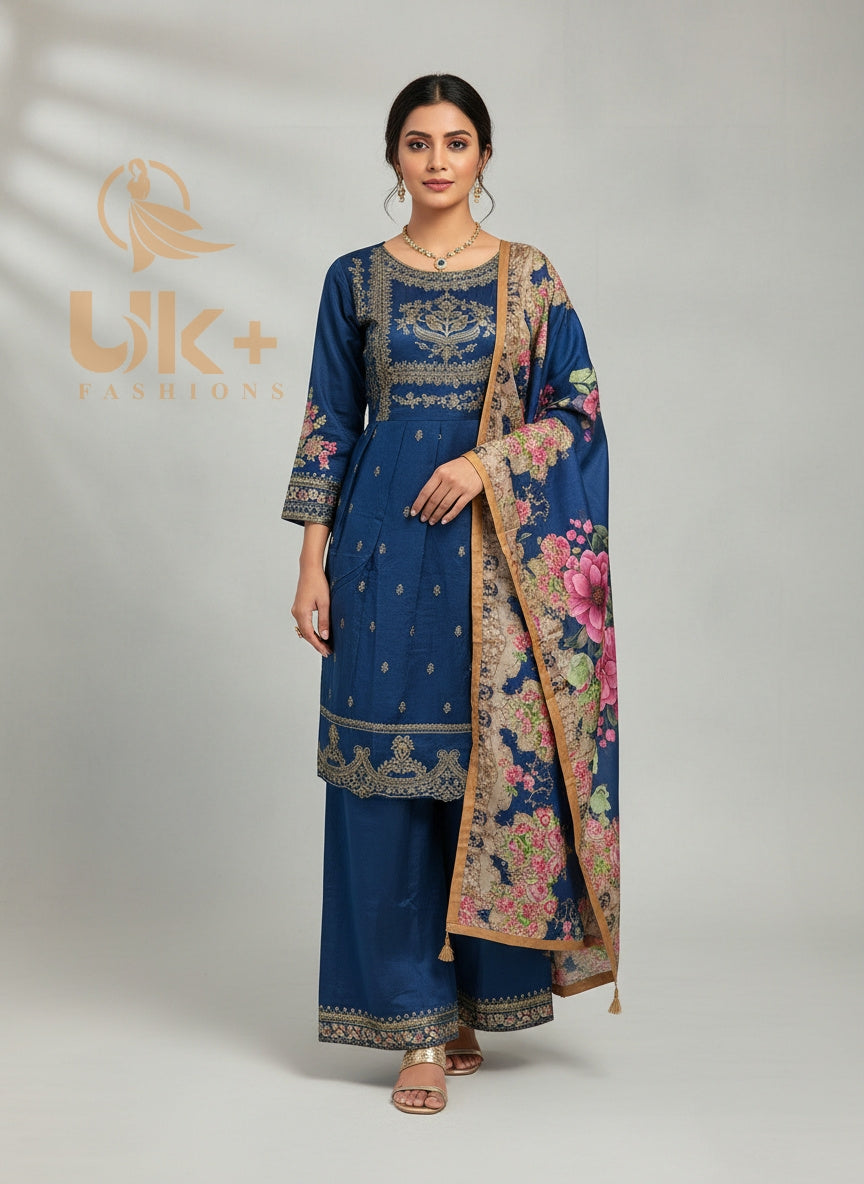 3Pc Embroidered Winter Khaadi Short Frock, Plazo, Dupatta