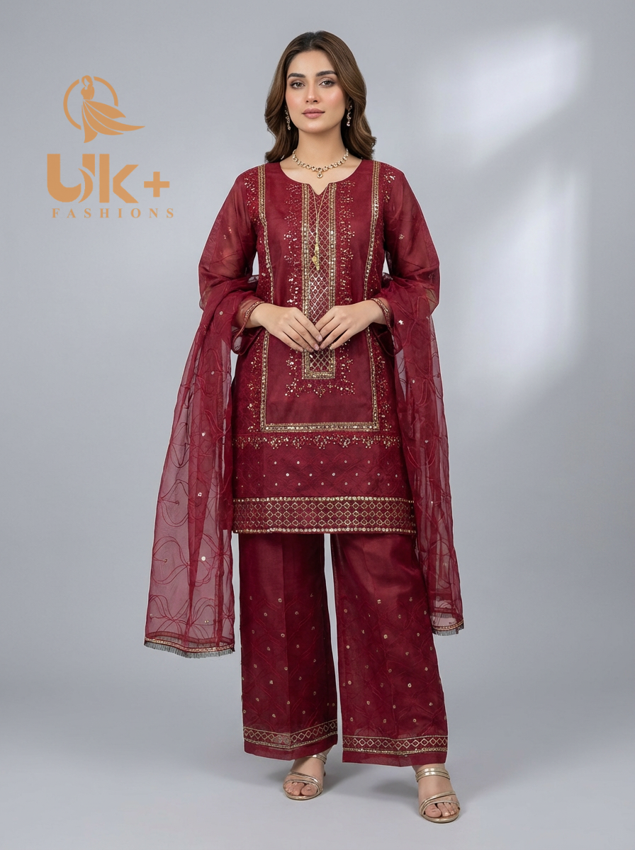 3Pc Embroidered Organza Shirt, Flapper, Dupatta