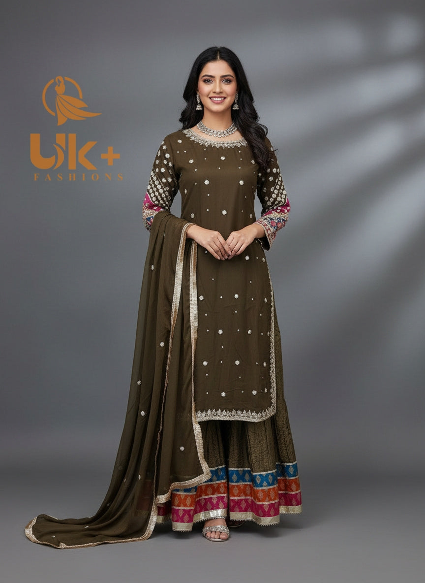 3Pc Embroidered Chiffon Shirt, Crash Plazo, Dupatta