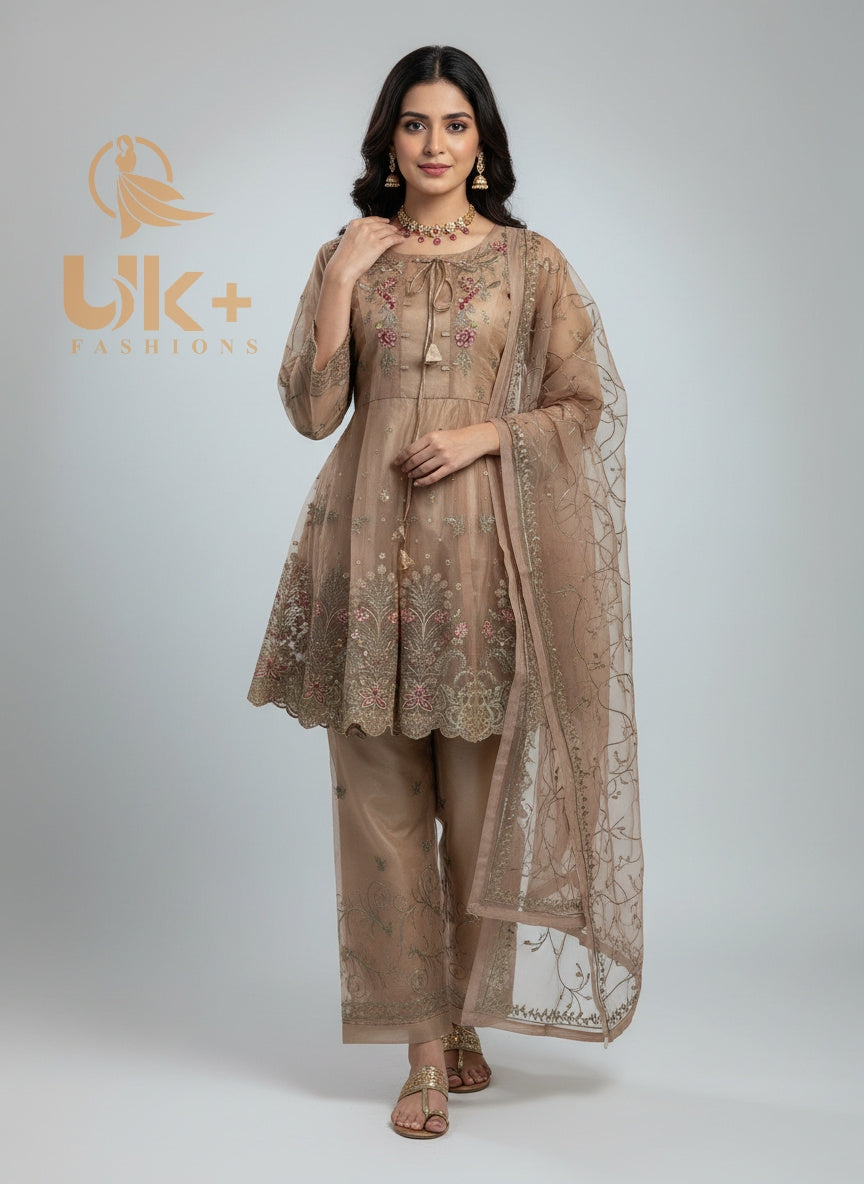 3Pc Embroidered Organza Short Frock, Flapper, Dupatta