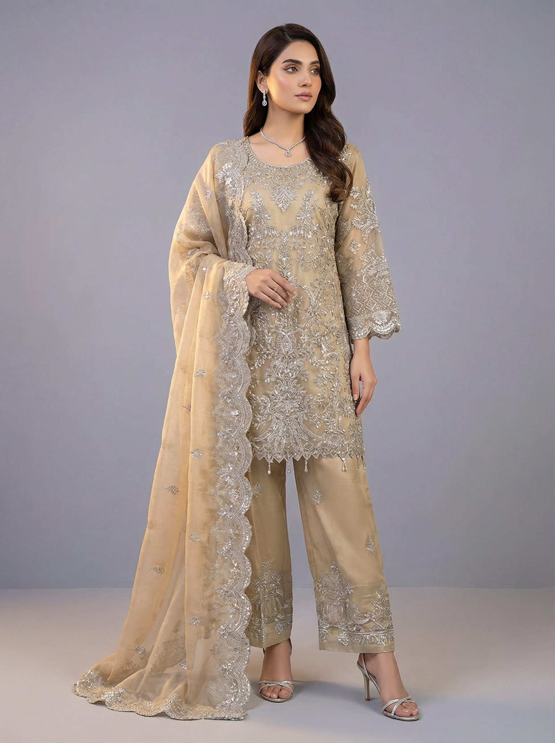 3Pc Embraided Organza Plazo, Shirt Shalwar Dupatta