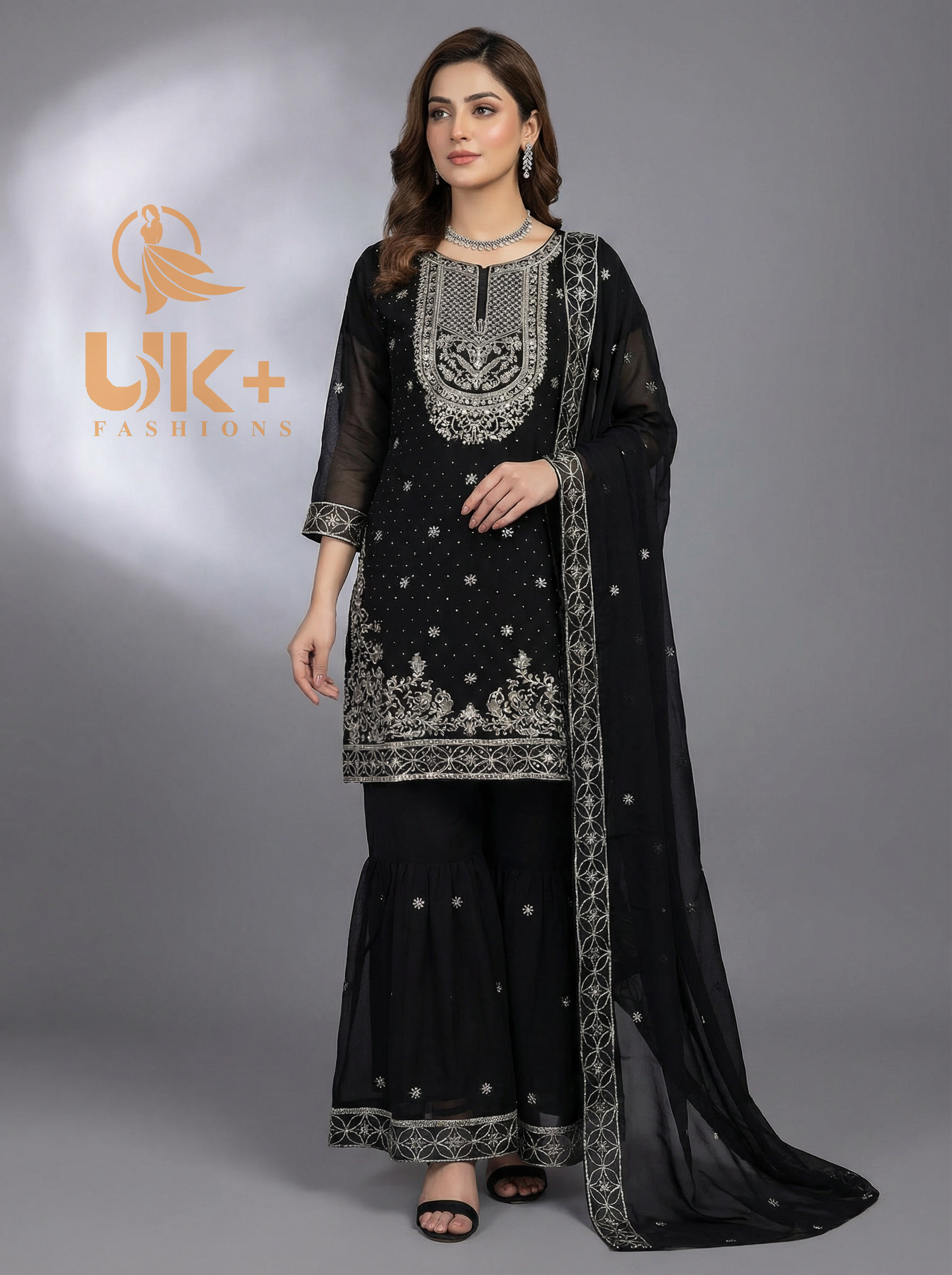 3Pc Embroidered Chiffon Shirt, Gharara, Dupatta