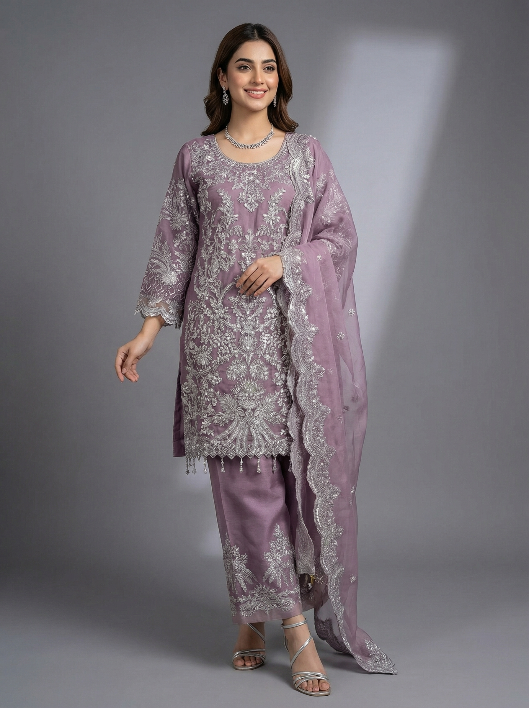 3Pc Embraided Organza Plazo, Shirt Shalwar Dupatta