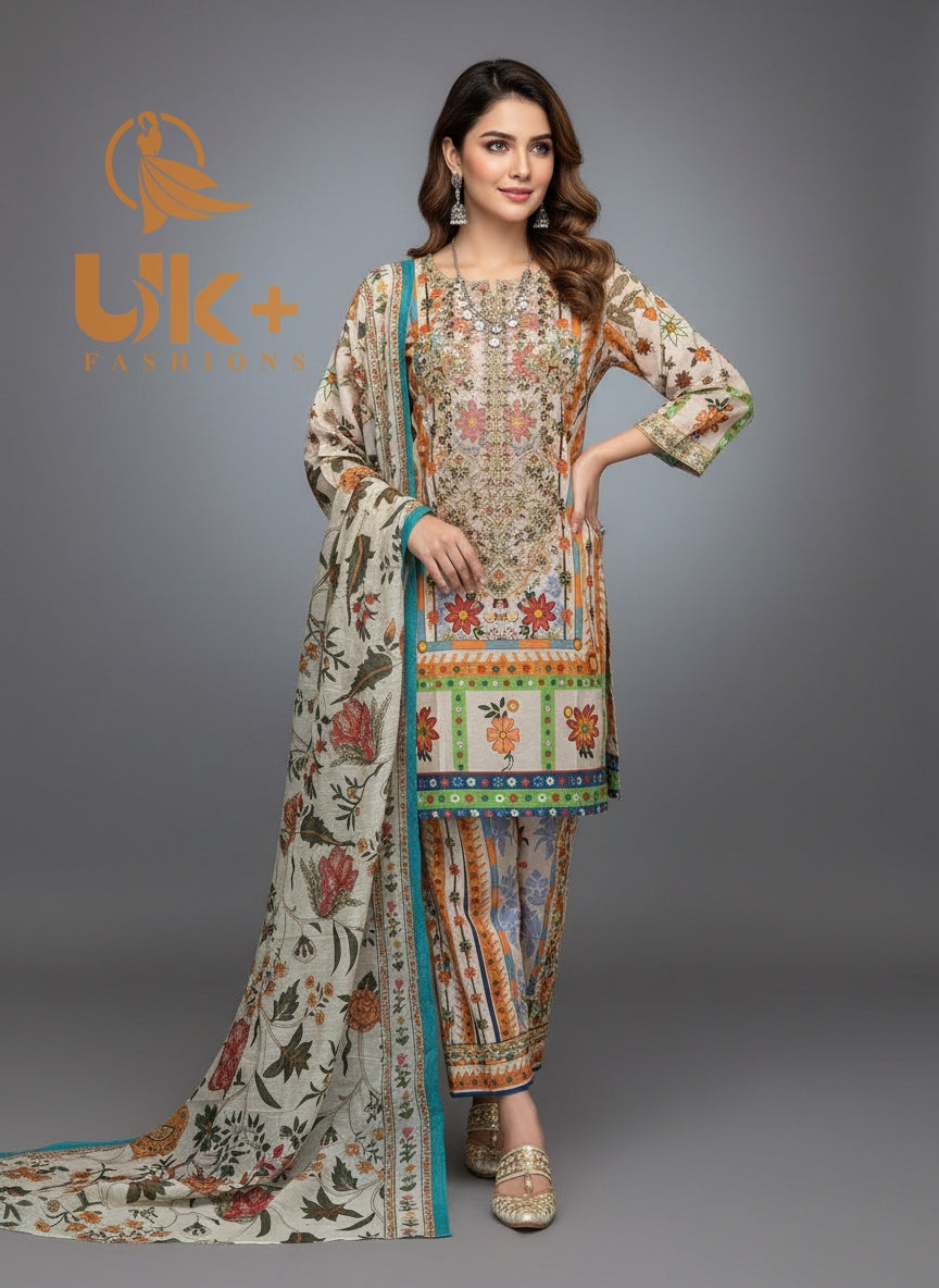 3Pc Embroidered Bona Dora Shirt, Plazo, Dupatta