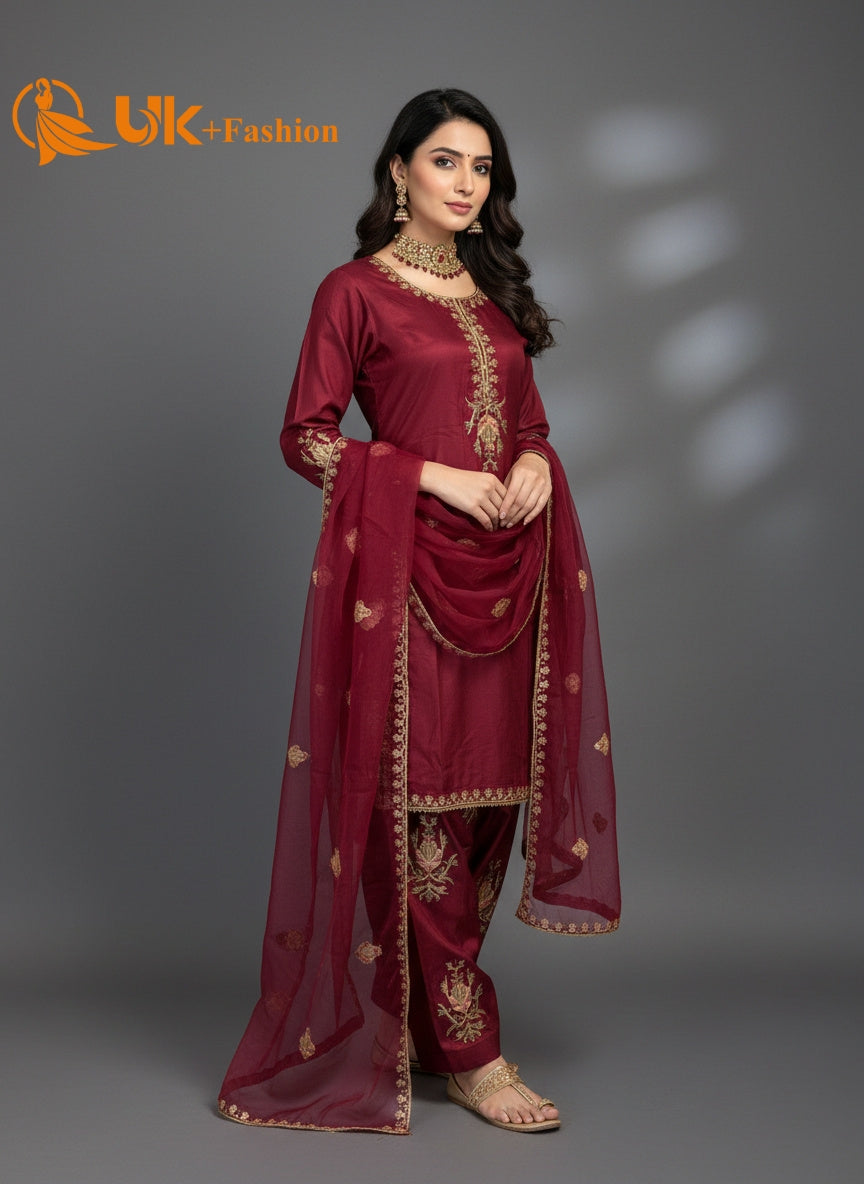 3Pc Embroidered Kataan Silk, Shirt, Farshi Shalwar and Dupatta