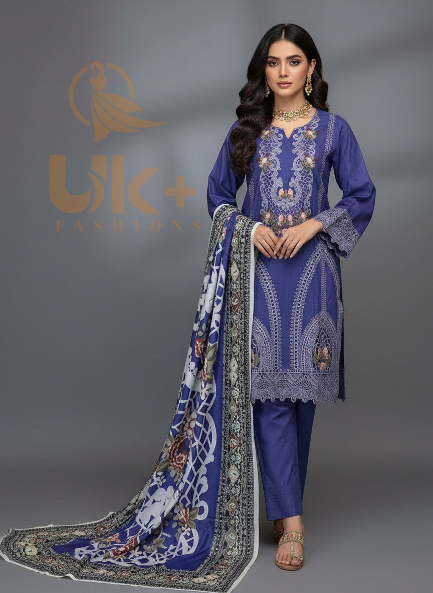 3Pc Embroidered Winter Cotton Shirt, Shalwar, Dupatta