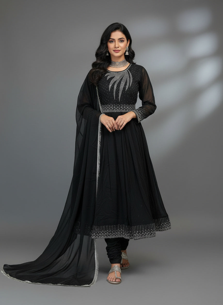 3Pc Embroidered Chiffon Frock, Shalwar, Dupatta