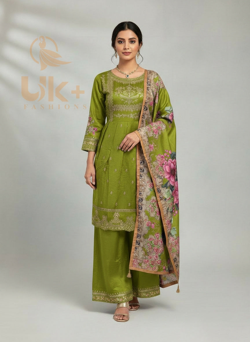 3Pc Embroidered Winter Khaadi Short Frock, Plazo, Dupatta