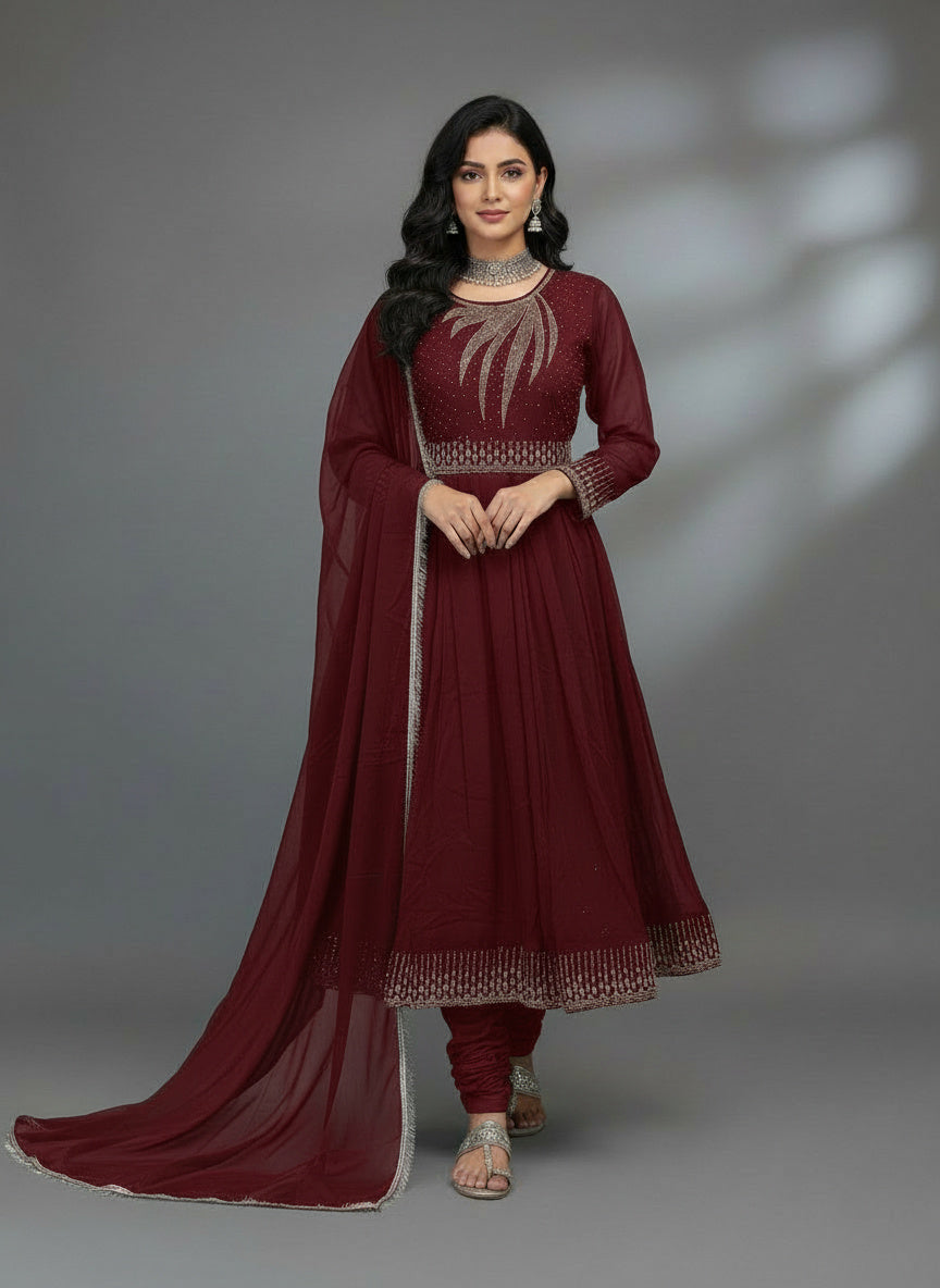 3Pc Embroidered Chiffon Frock, Shalwar, Dupatta