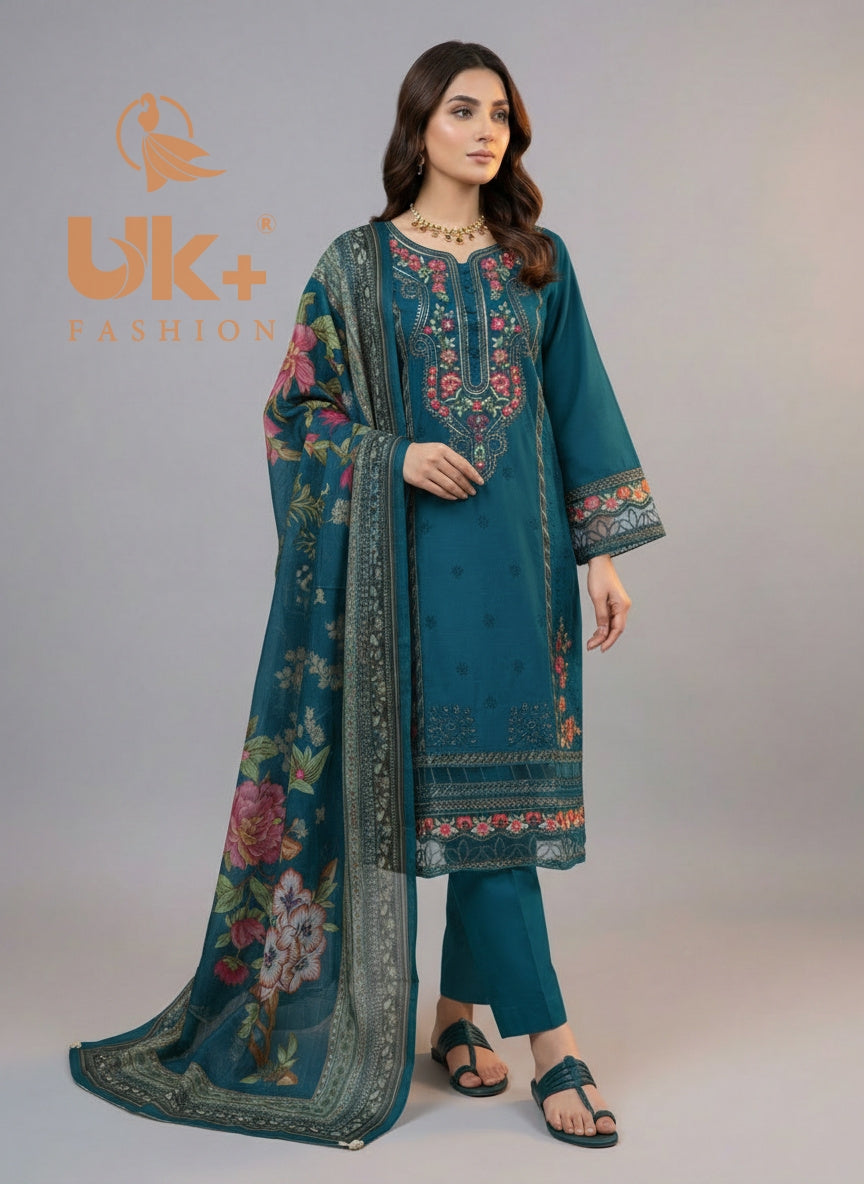 3Pc Embroidered Cotton Shirt, Trouser, Dupatta