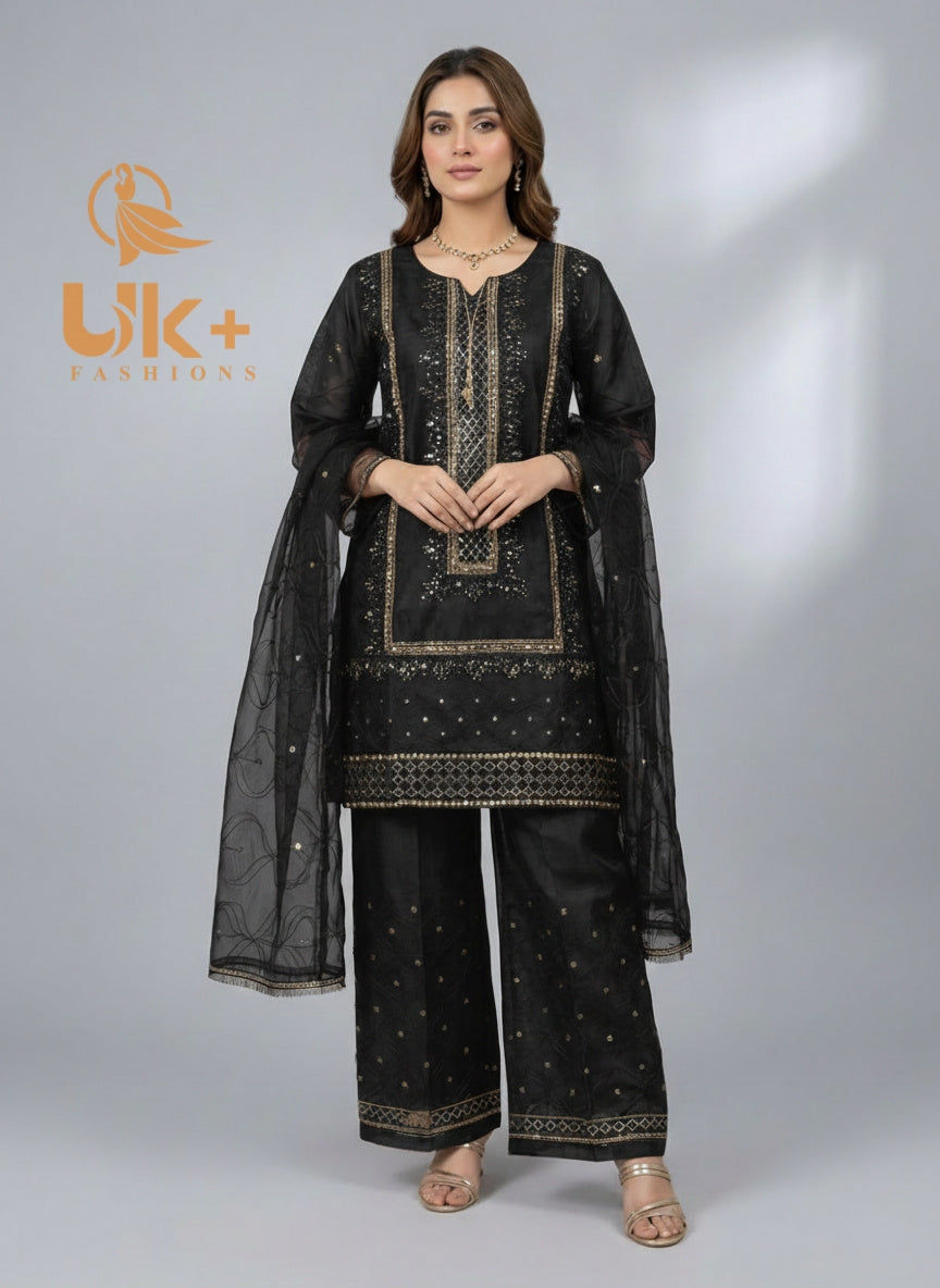 3Pc Embroidered Organza Shirt, Flapper, Dupatta