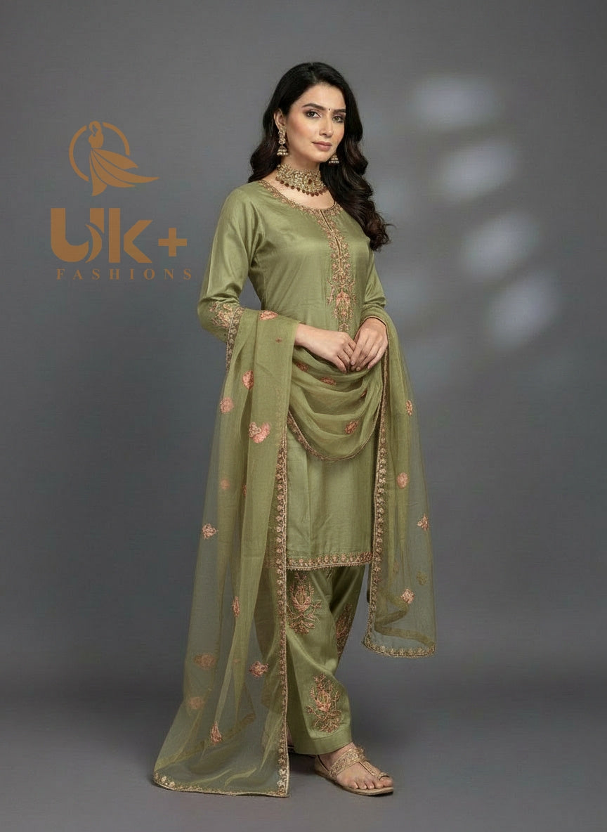 3Pc Embroidered Kataan Silk, Shirt, Farshi Shalwar and Dupatta