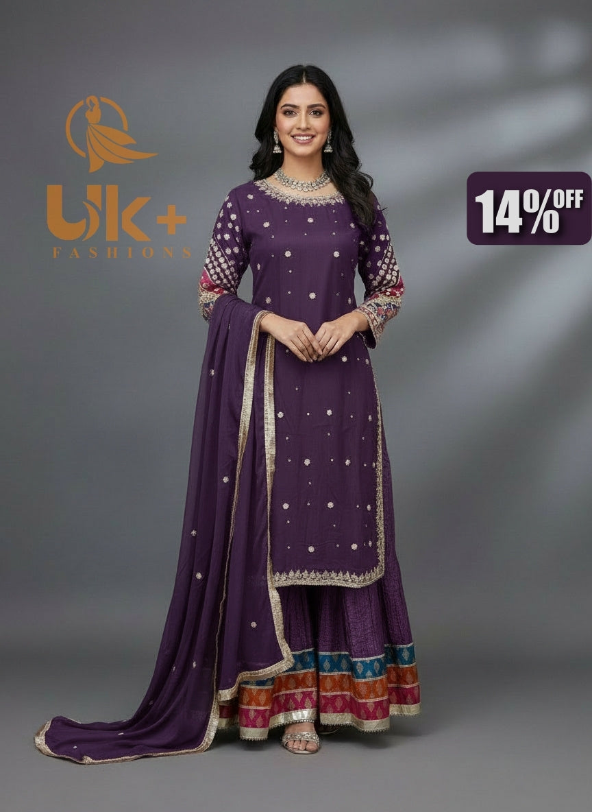 3Pc Embroidered Chiffon Shirt, Crash Plazo, Dupatta