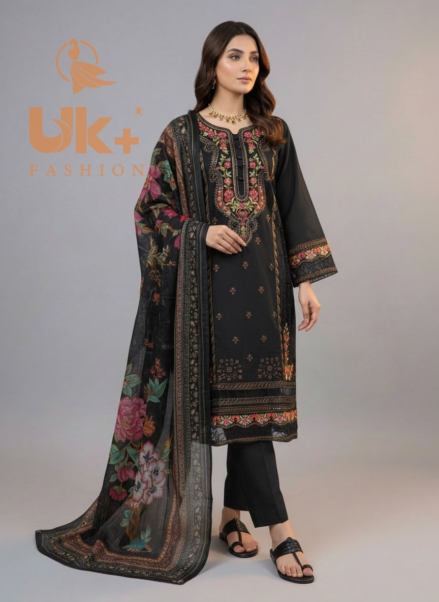 3Pc Embroidered Cotton Shirt, Trouser, Dupatta