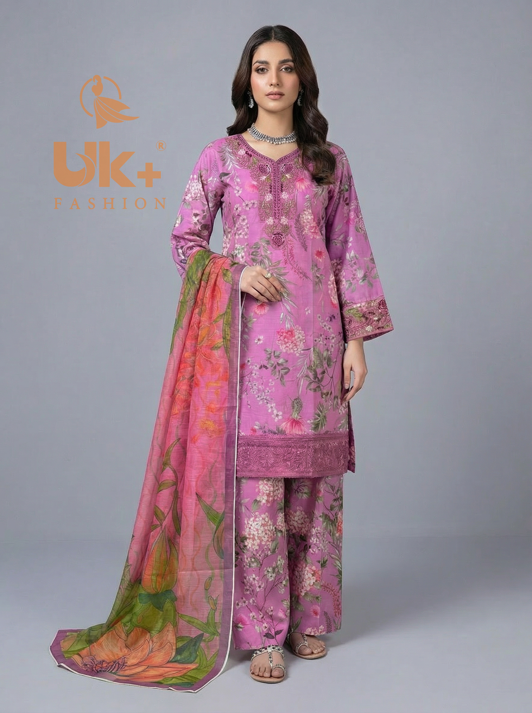 3Pc Embroidered Bana Dora Shirt, Farshi Shalwar, Dupatta