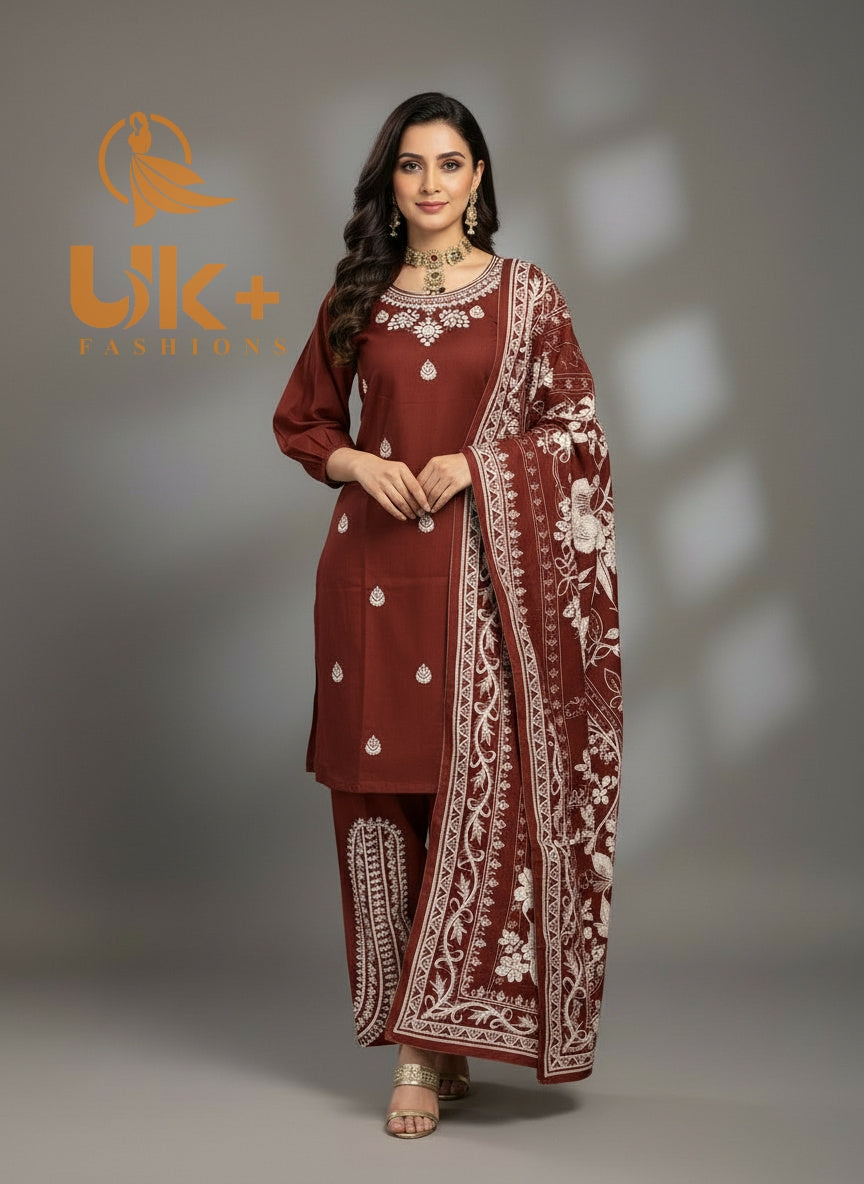 3Pc Embroidered Khaddar Samosa Plazo, Shirt Dupatta