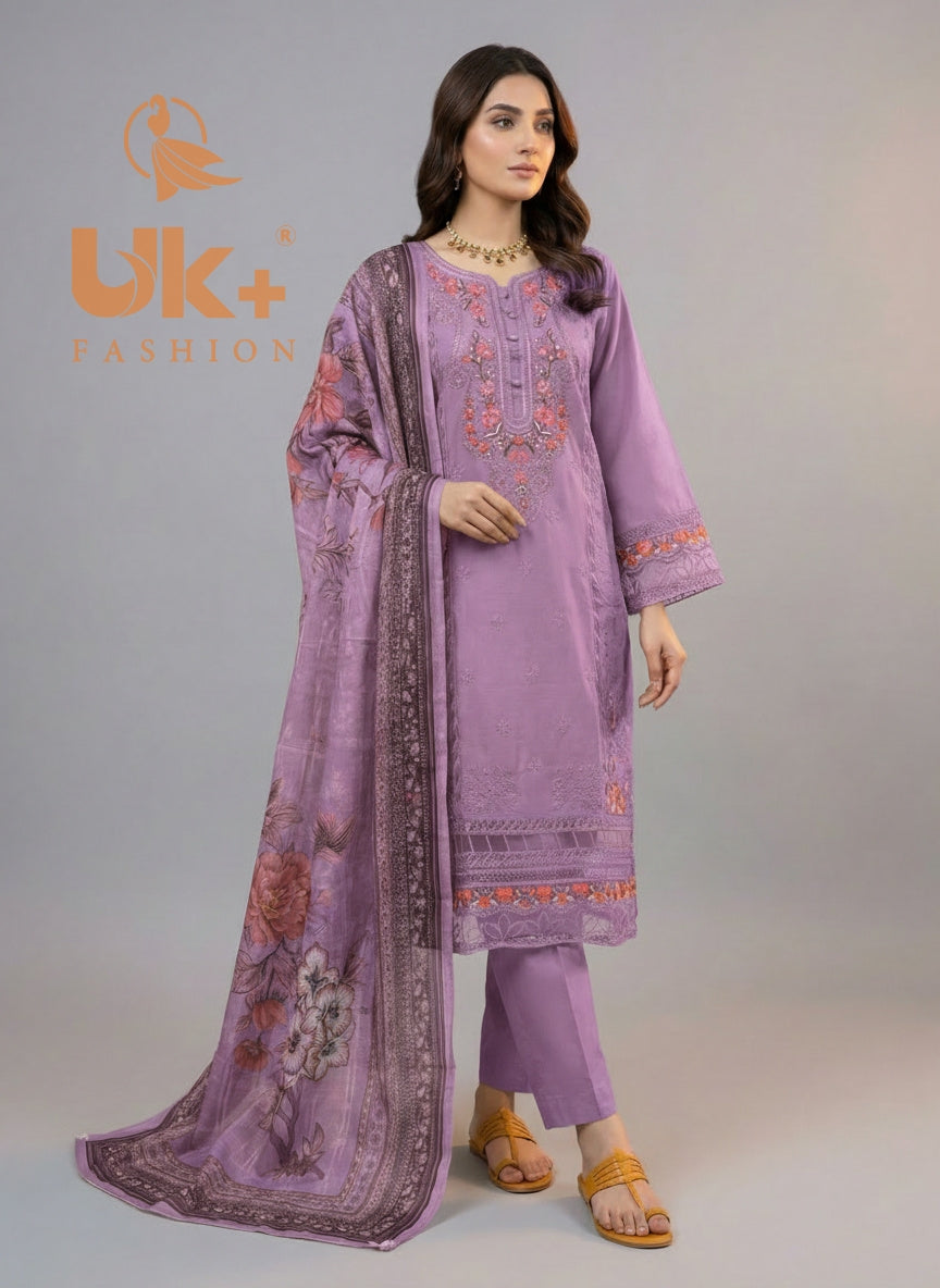 3Pc Embroidered Cotton Shirt, Trouser, Dupatta