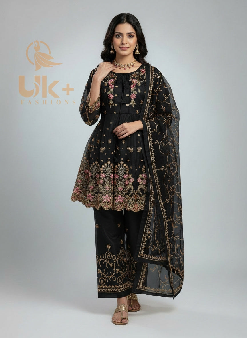 3Pc Embroidered Organza Short Frock, Flapper, Dupatta