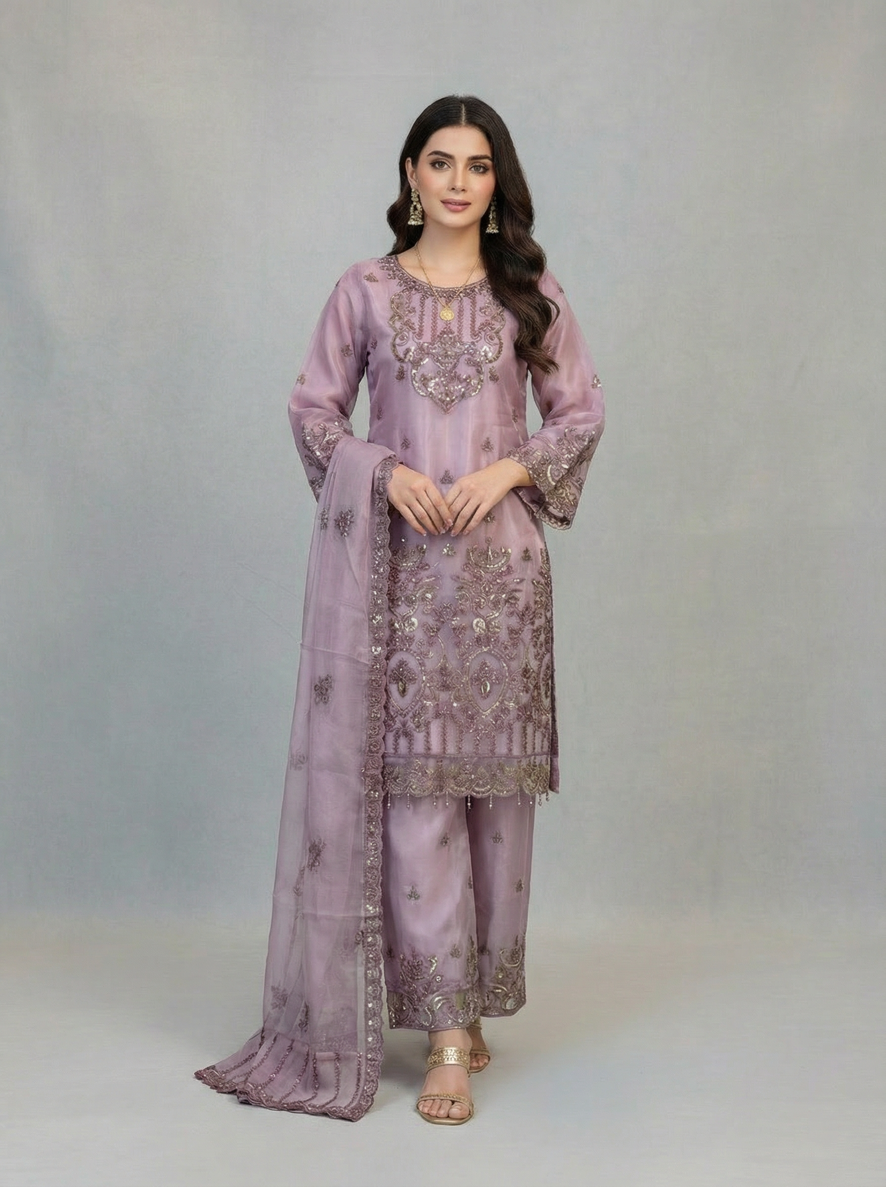 3Pc Embroidered Organza Flapper, Shirt, Dupatta