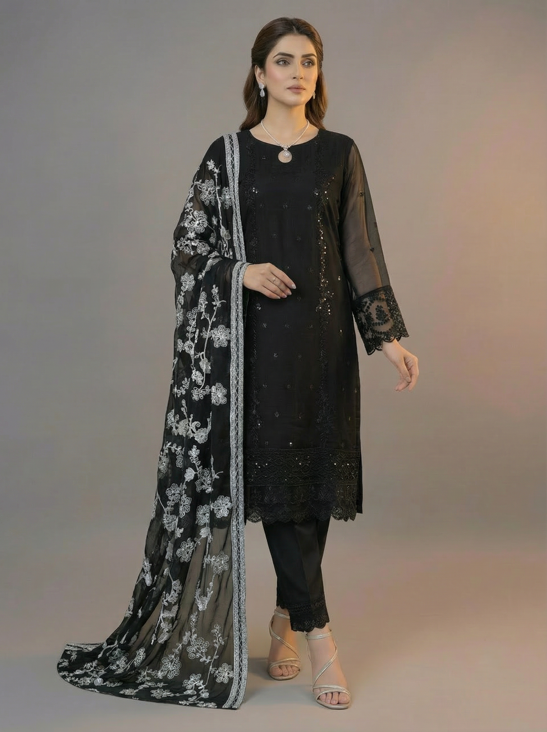 3Pc Embroidered Chiffon Shirt, Shalwar and Dupatta