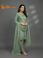 3Pc Embroidered Kataan Silk, Shirt, Farshi Shalwar and Dupatta